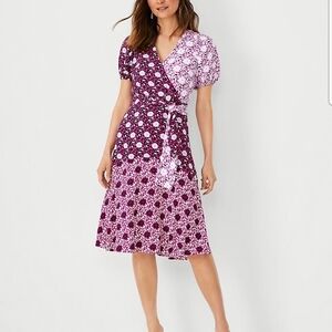 Ann Taylor Mock Wrap Dress Floral Block Print Career Preppy Whimsical